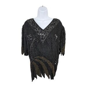 Vintage Laurence Kazar Silk Sequin Top Blouse Large Formal Gold Beads Mob Glam